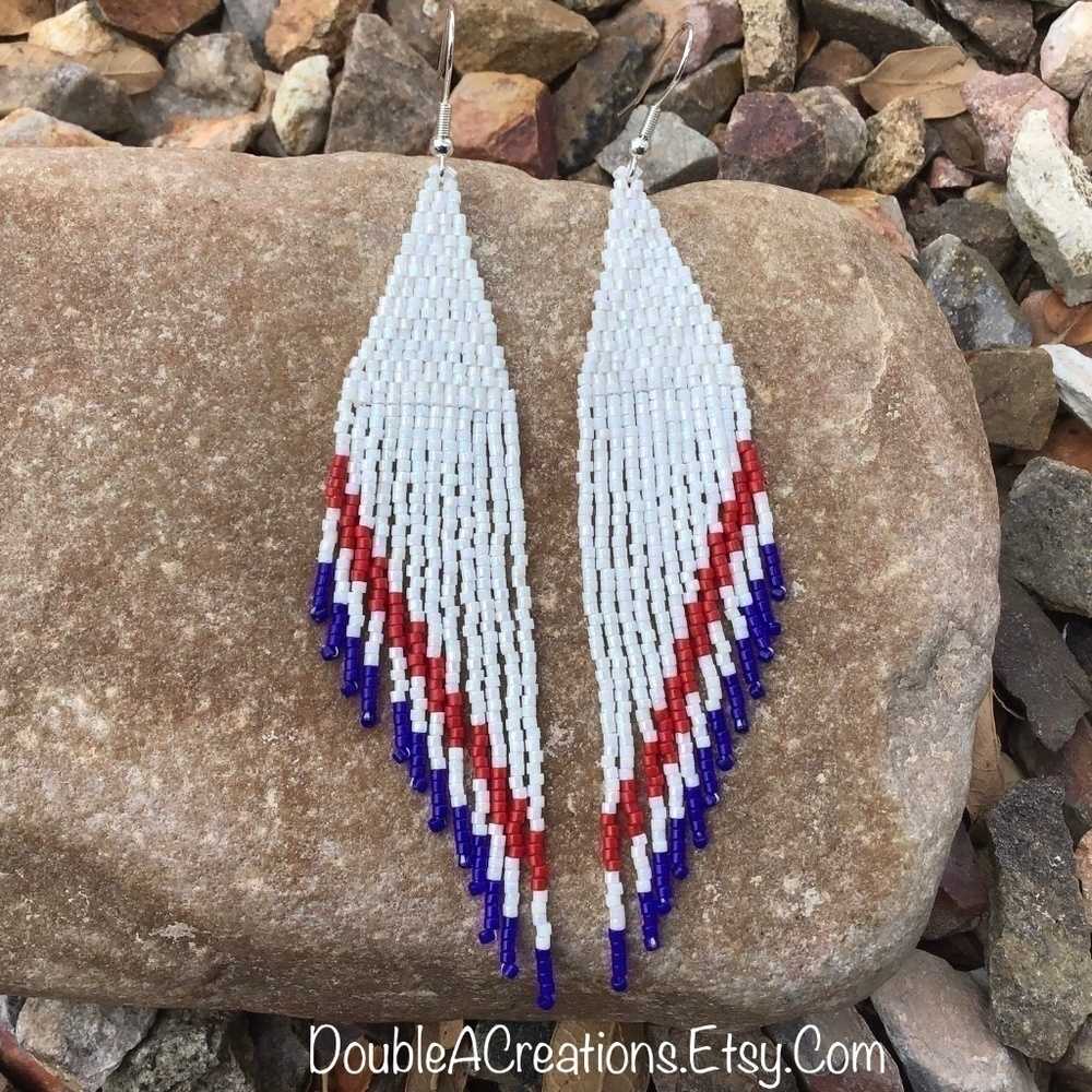 Red White And Blue Beaded Earrings With Fringe New Handmade By Me 35$